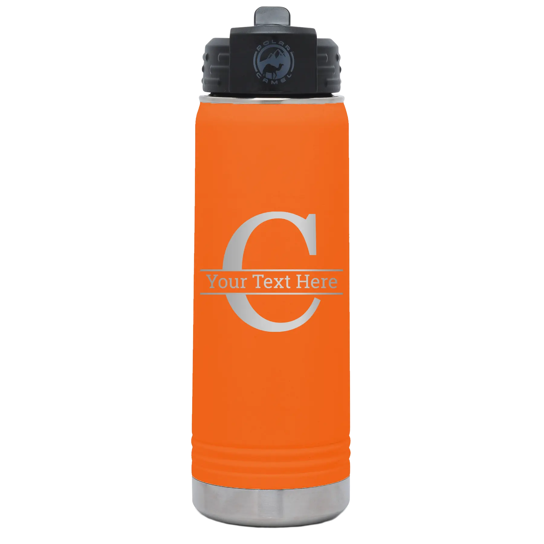Personalized orange 20 oz vacuum insulated water bottle with 'Monogram letter C' design