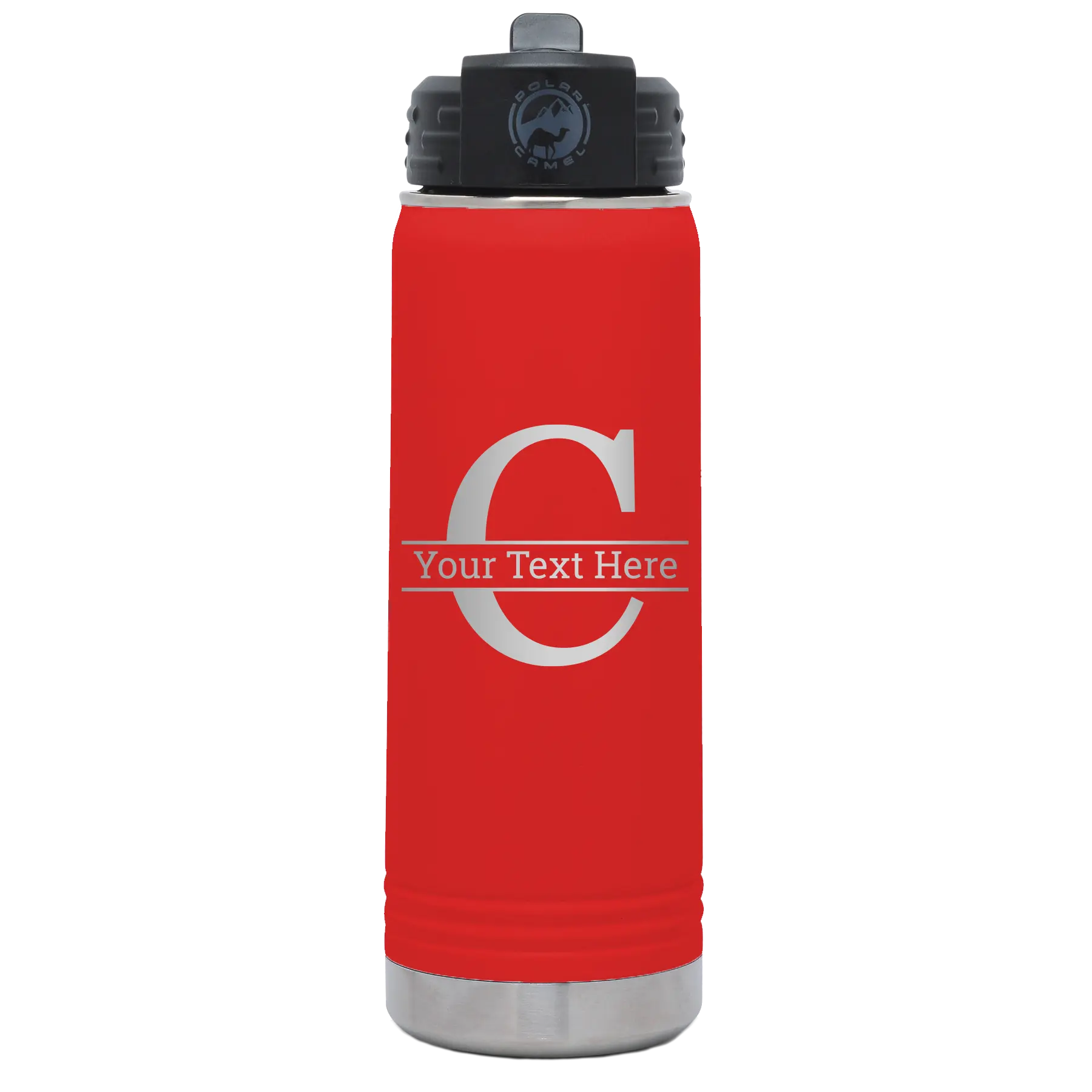 Personalized red 20 oz vacuum insulated water bottle with 'Monogram letter C' design