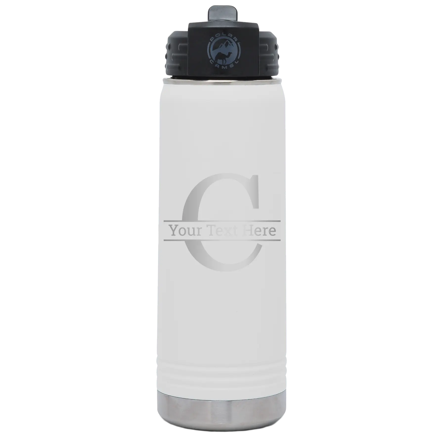 Personalized white 20 oz vacuum insulated water bottle with 'Monogram letter C' design