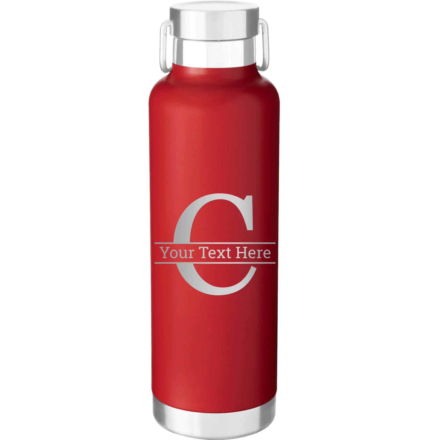 Personalized red 24 oz vacuum insulated water bottle with 'Monogram letter C' design