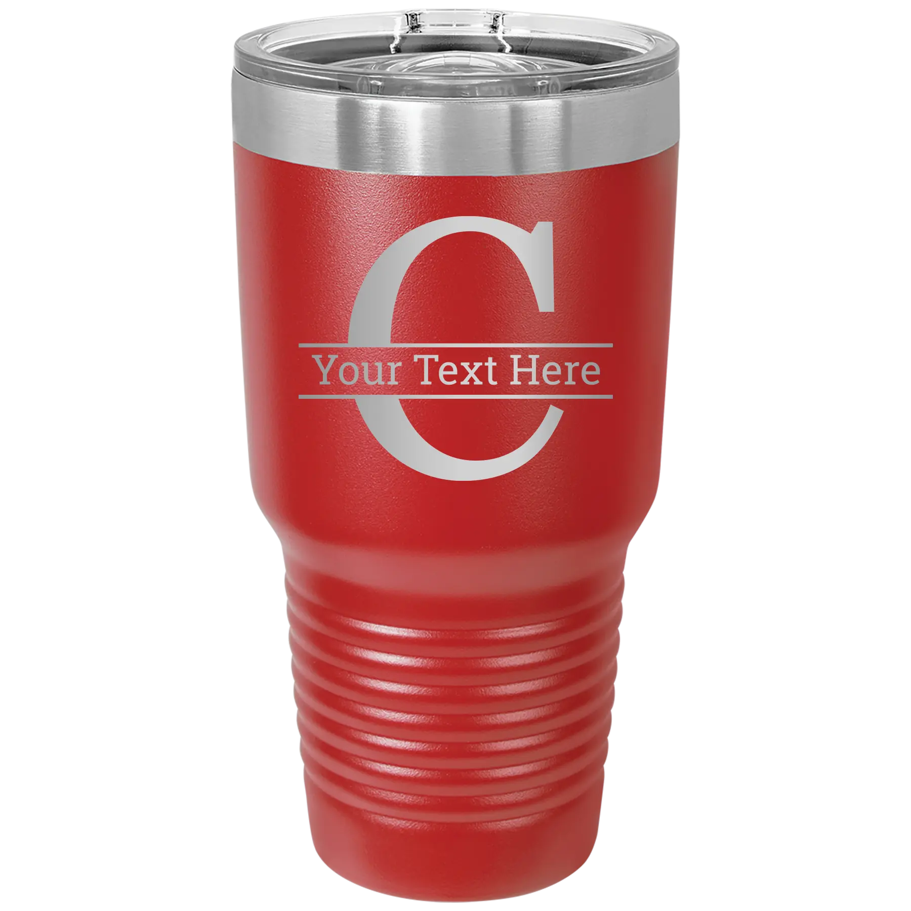 Personalized red 30 oz vacuum insulated tumbler with 'Monogram letter C' design