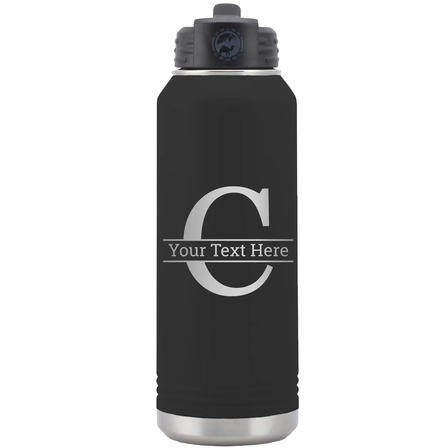 Personalized black 32 oz vacuum insulated water bottle with 'Monogram letter C' design