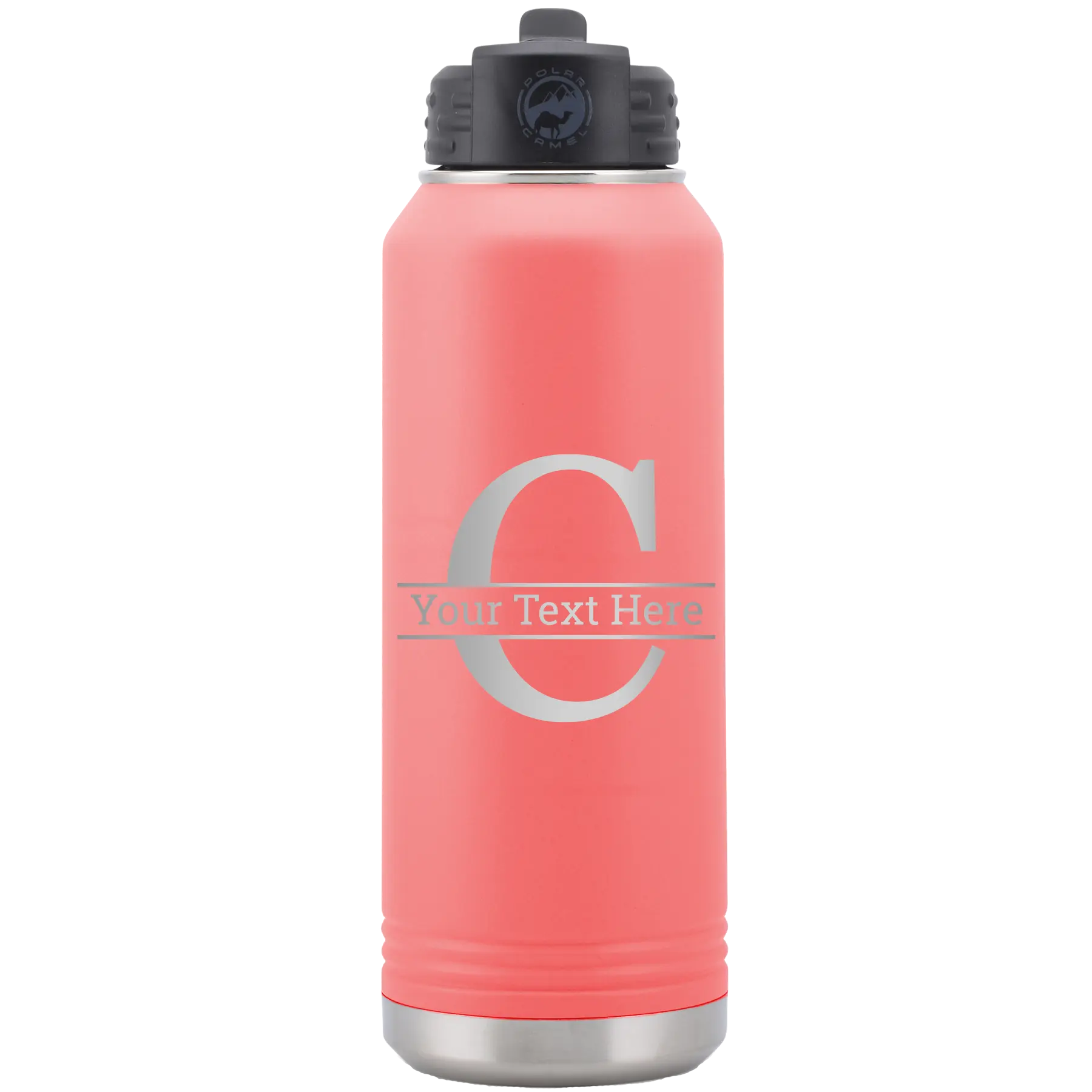 Personalized coral 32 oz vacuum insulated water bottle with 'Monogram letter C' design