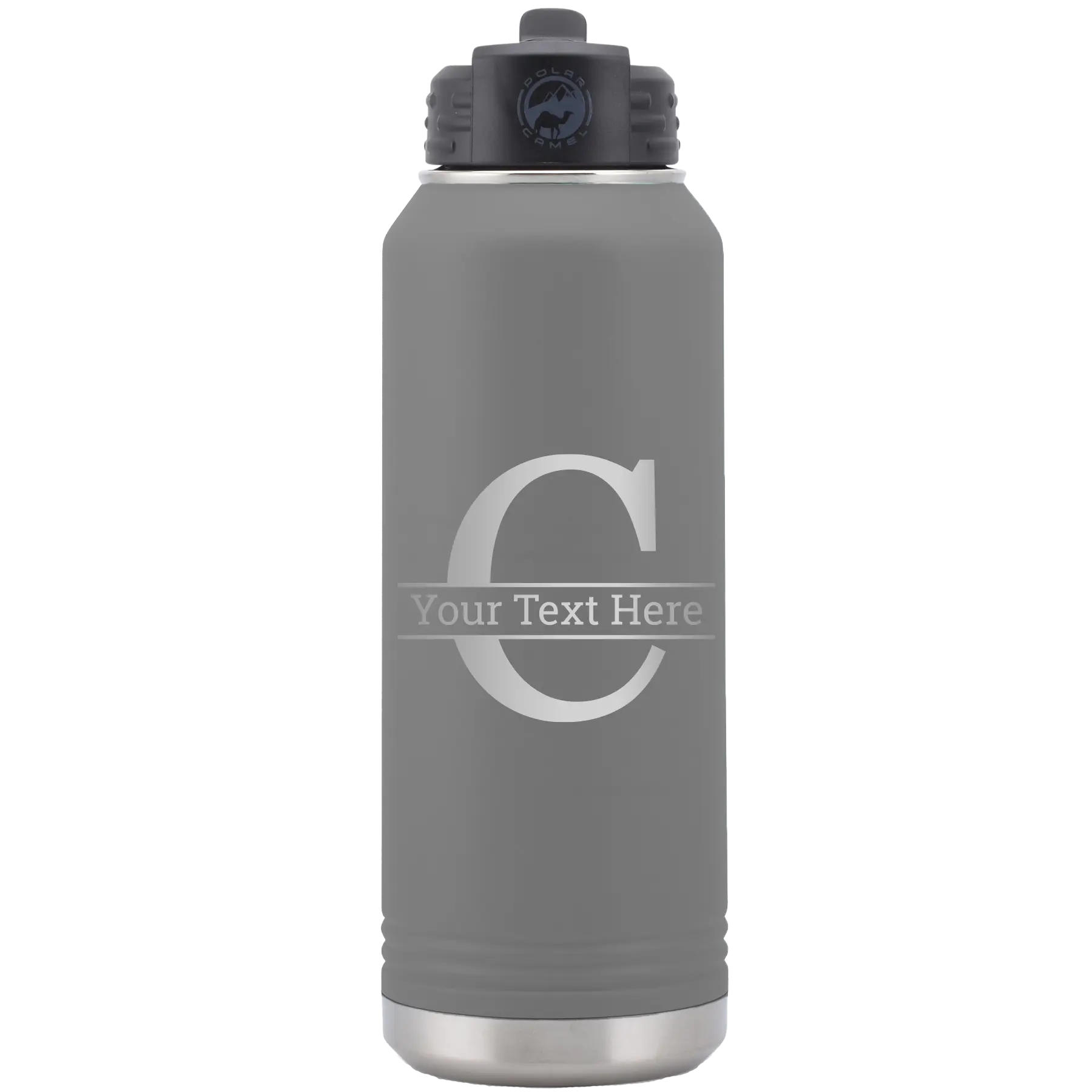 Personalized dark gray 32 oz vacuum insulated water bottle with 'Monogram letter C' design