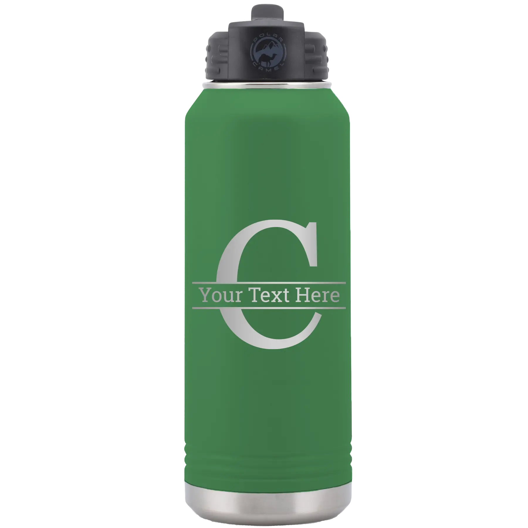 Personalized green 32 oz vacuum insulated water bottle with 'Monogram letter C' design