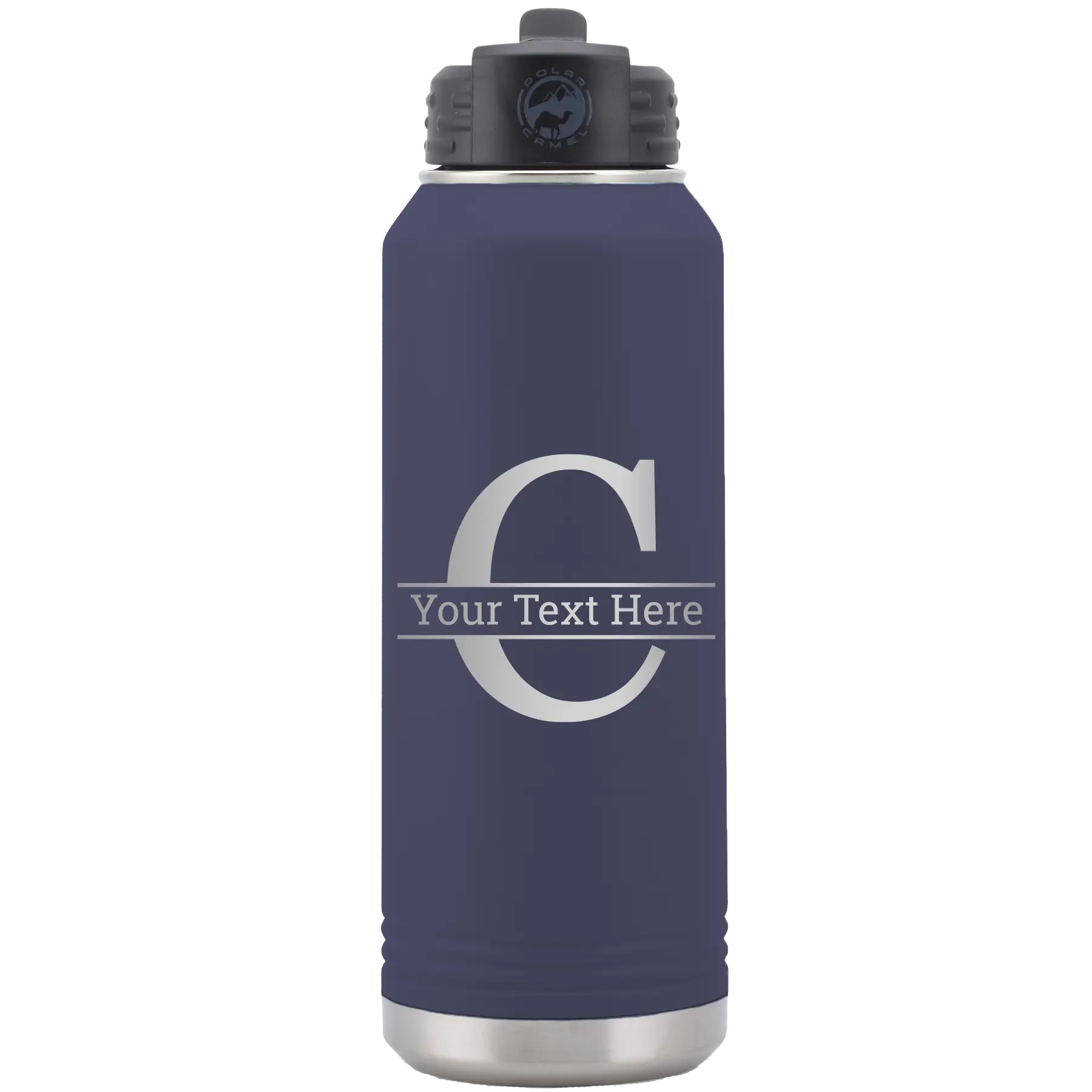 Personalized navy 32 oz vacuum insulated water bottle with 'Monogram letter C' design