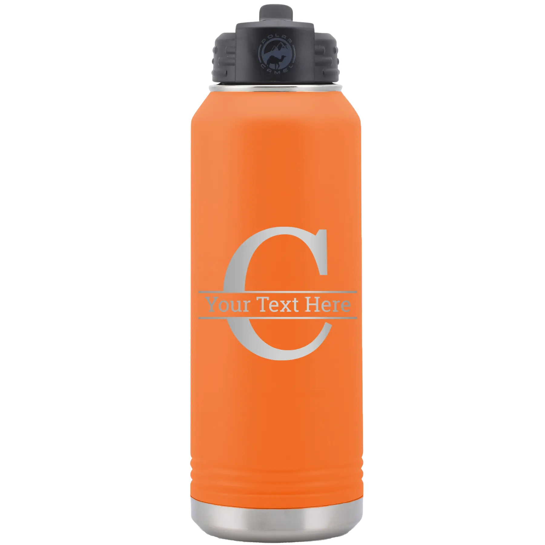 Personalized orange 32 oz vacuum insulated water bottle with 'Monogram letter C' design