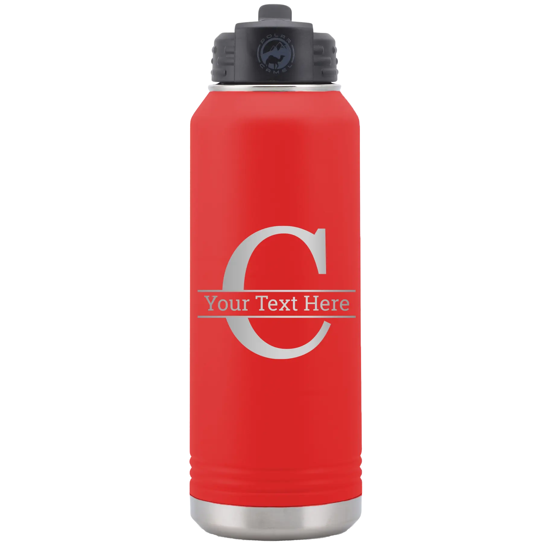 Personalized red 32 oz vacuum insulated water bottle with 'Monogram letter C' design