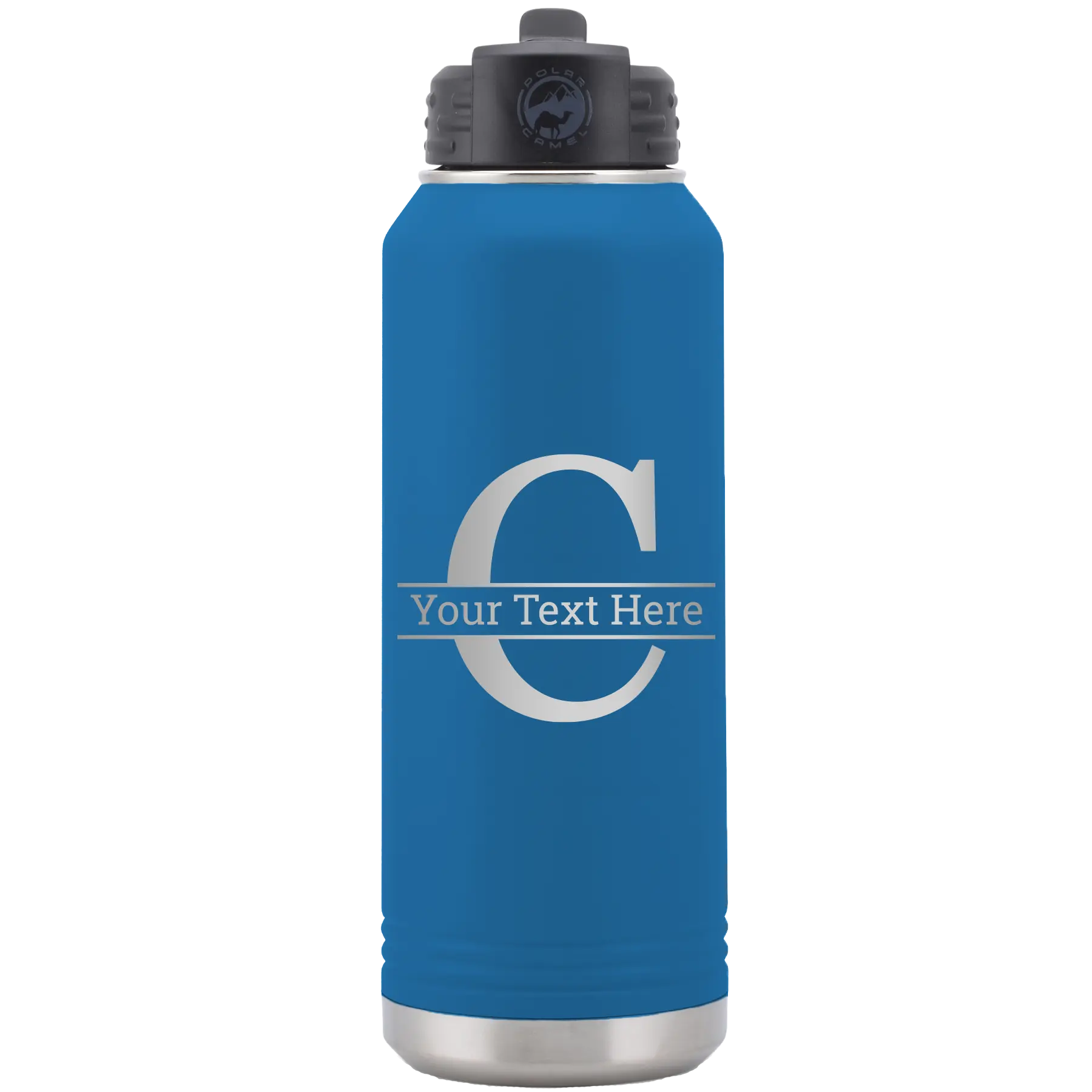 Personalized royal blue 32 oz vacuum insulated water bottle with 'Monogram letter C' design