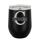 Personalized black 12 oz vacuum insulated wine cup with 'Monogram letter C' design