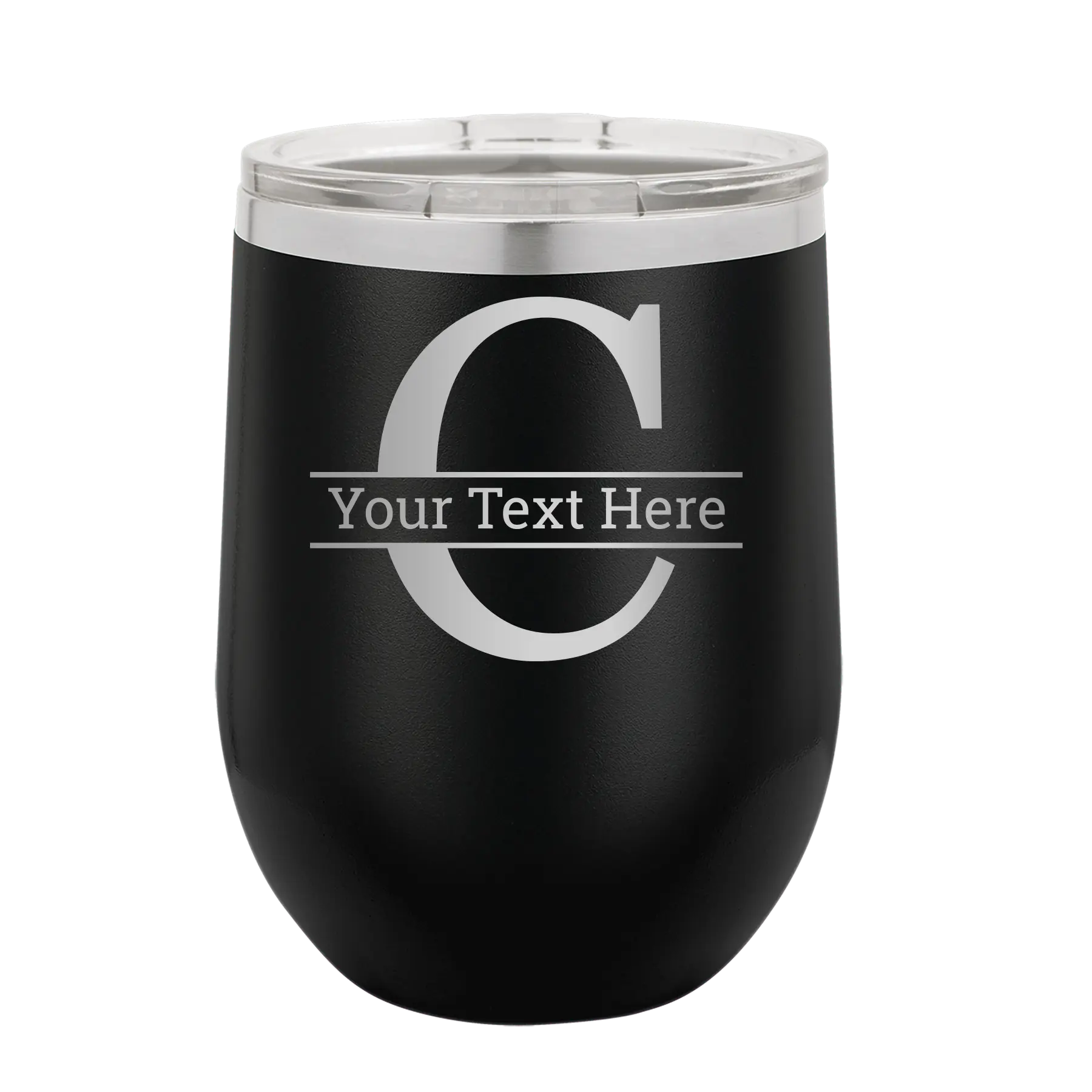 Personalized black 12 oz vacuum insulated wine cup with 'Monogram letter C' design