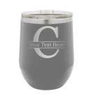 Personalized dark gray 12 oz vacuum insulated wine cup with 'Monogram letter C' design