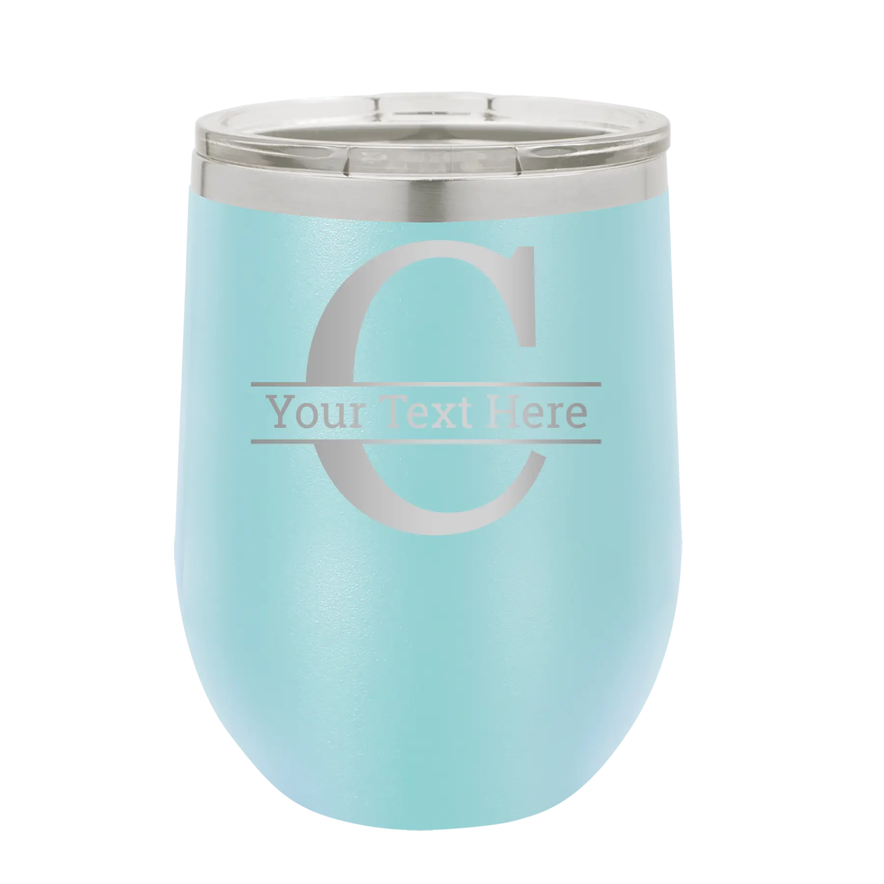 Personalized light blue 12 oz vacuum insulated wine cup with 'Monogram letter C' design