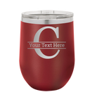 Personalized maroon 12 oz vacuum insulated wine cup with 'Monogram letter C' design