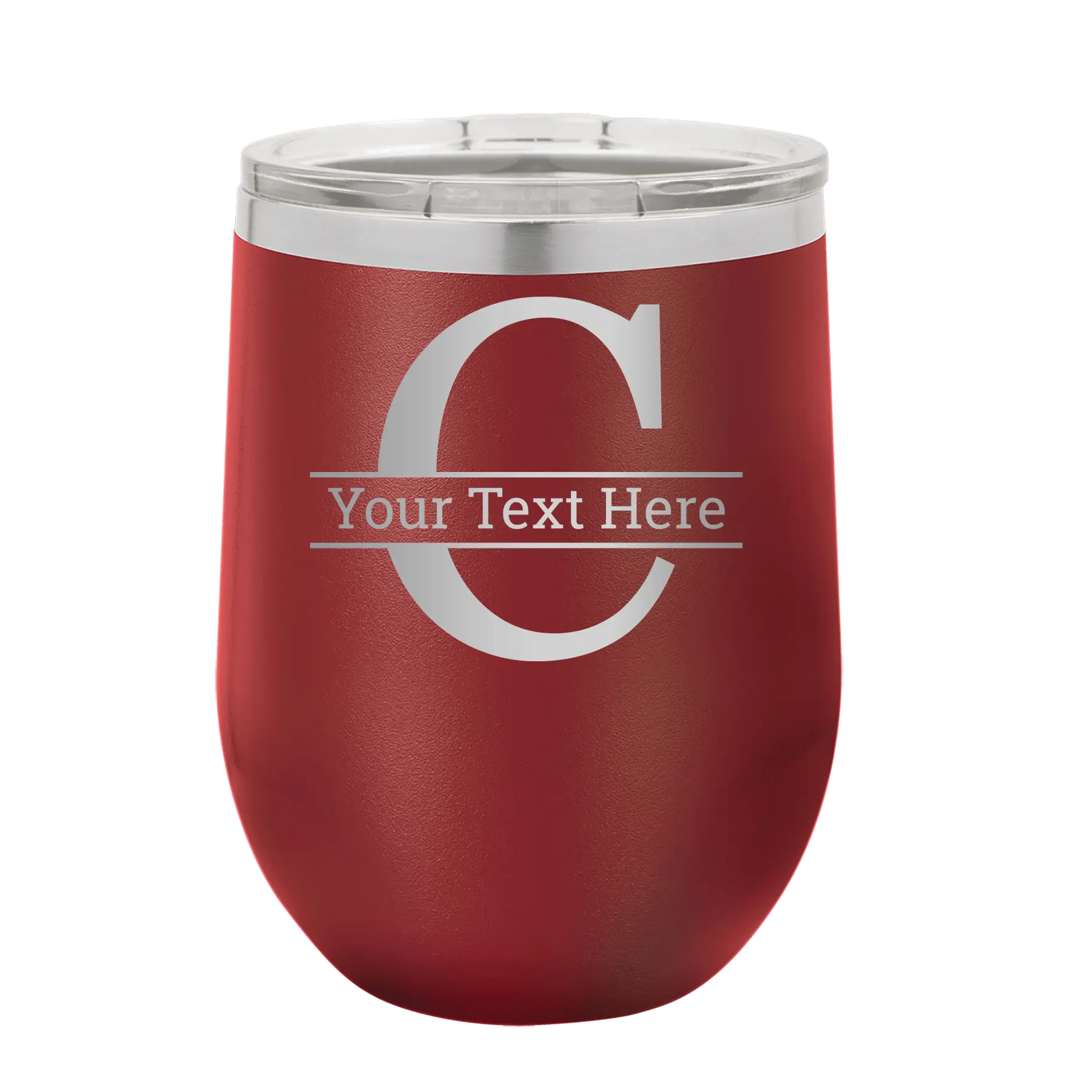 Personalized maroon 12 oz vacuum insulated wine cup with 'Monogram letter C' design