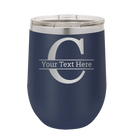 Personalized navy 12 oz vacuum insulated wine cup with 'Monogram letter C' design
