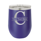 Personalized purple 12 oz vacuum insulated wine cup with 'Monogram letter C' design