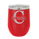 Personalized red 12 oz vacuum insulated wine cup with 'Monogram letter C' design