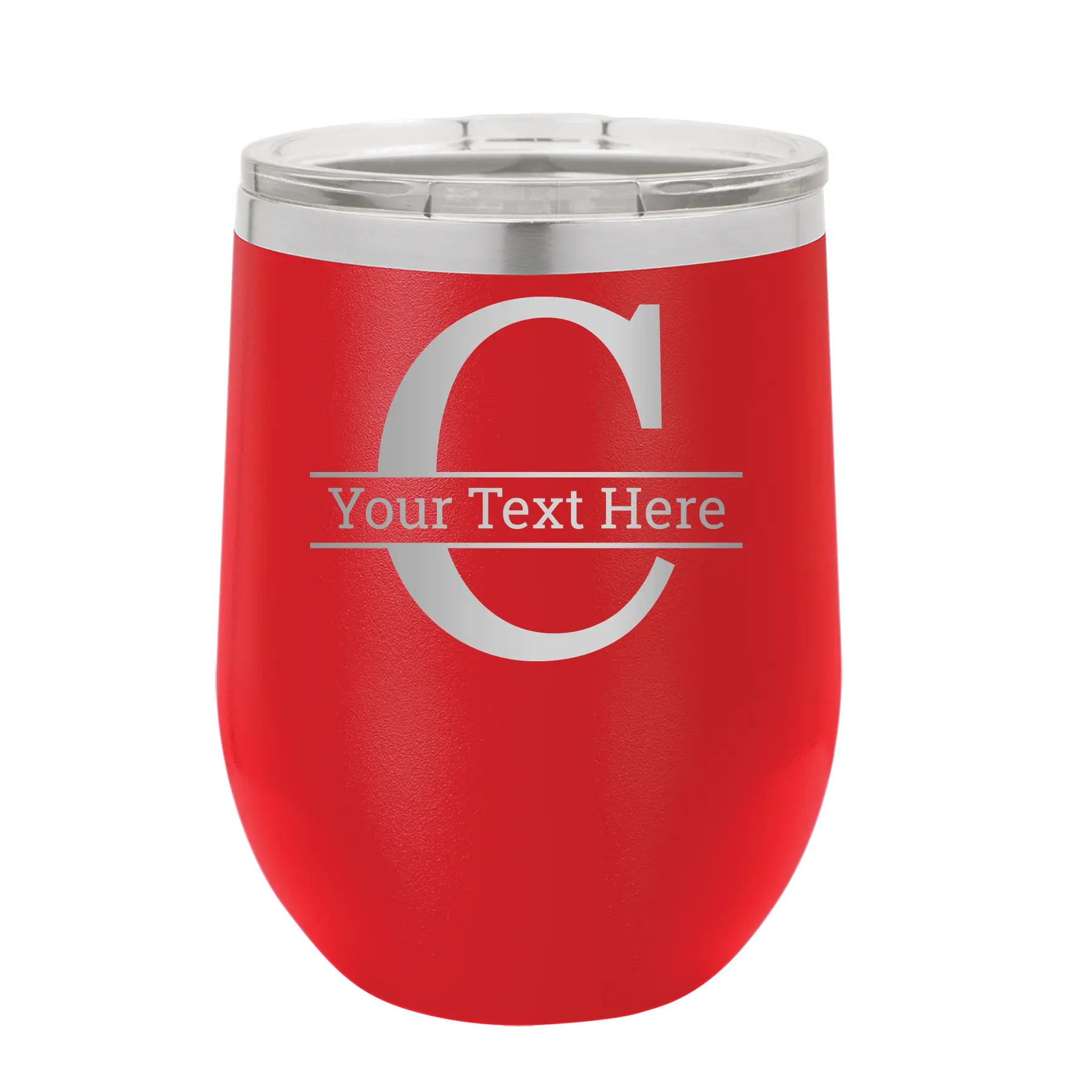 Personalized red 12 oz vacuum insulated wine cup with 'Monogram letter C' design