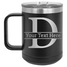 Personalized black 15 oz vacuum insulated coffee mug with 'Monogram letter D' design