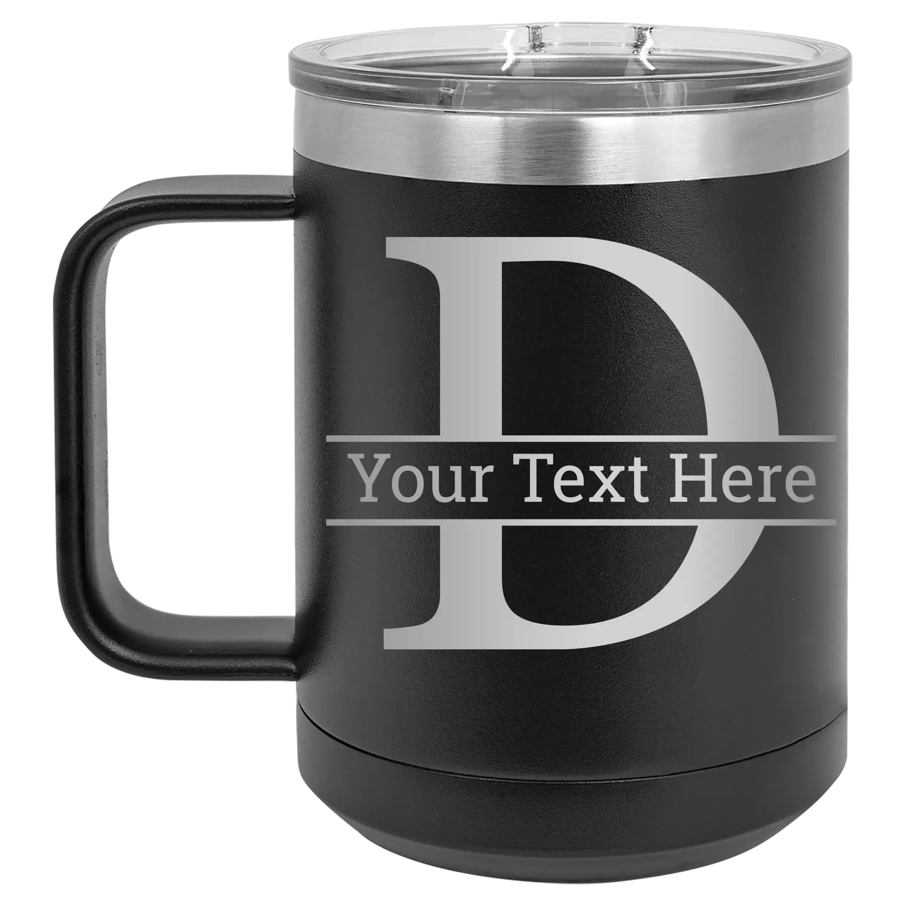 Personalized black 15 oz vacuum insulated coffee mug with 'Monogram letter D' design