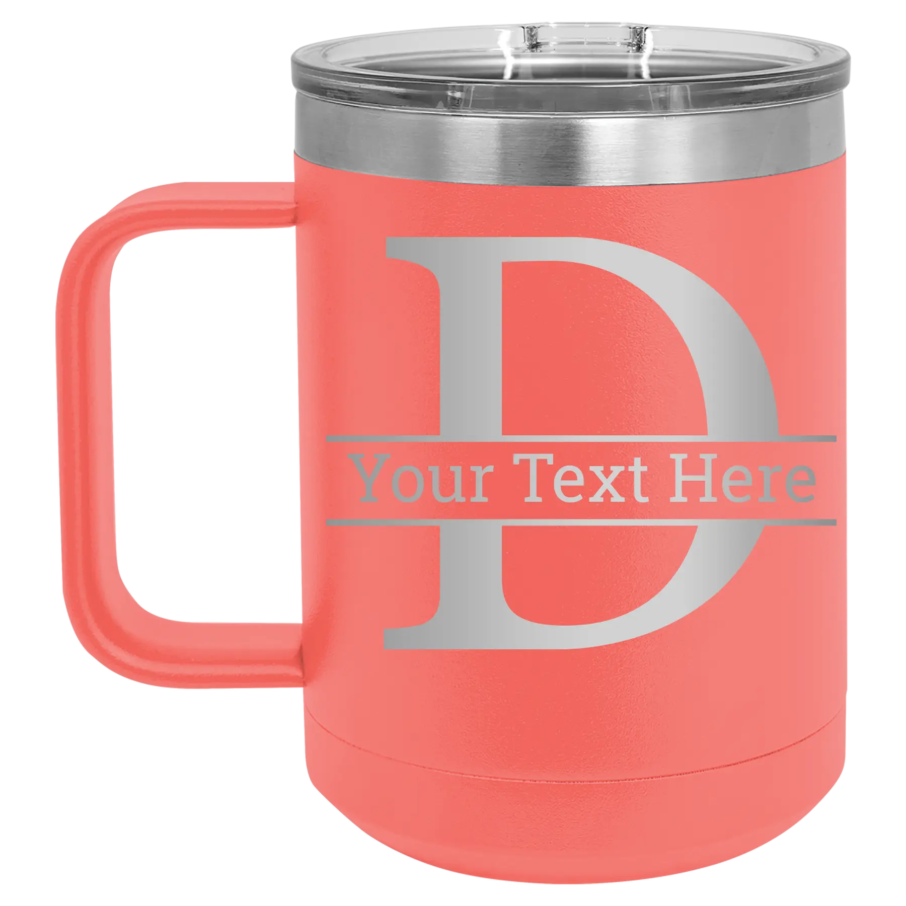 Personalized coral 15 oz vacuum insulated coffee mug with 'Monogram letter D' design