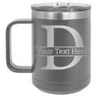 Personalized dark gray 15 oz vacuum insulated coffee mug with 'Monogram letter D' design