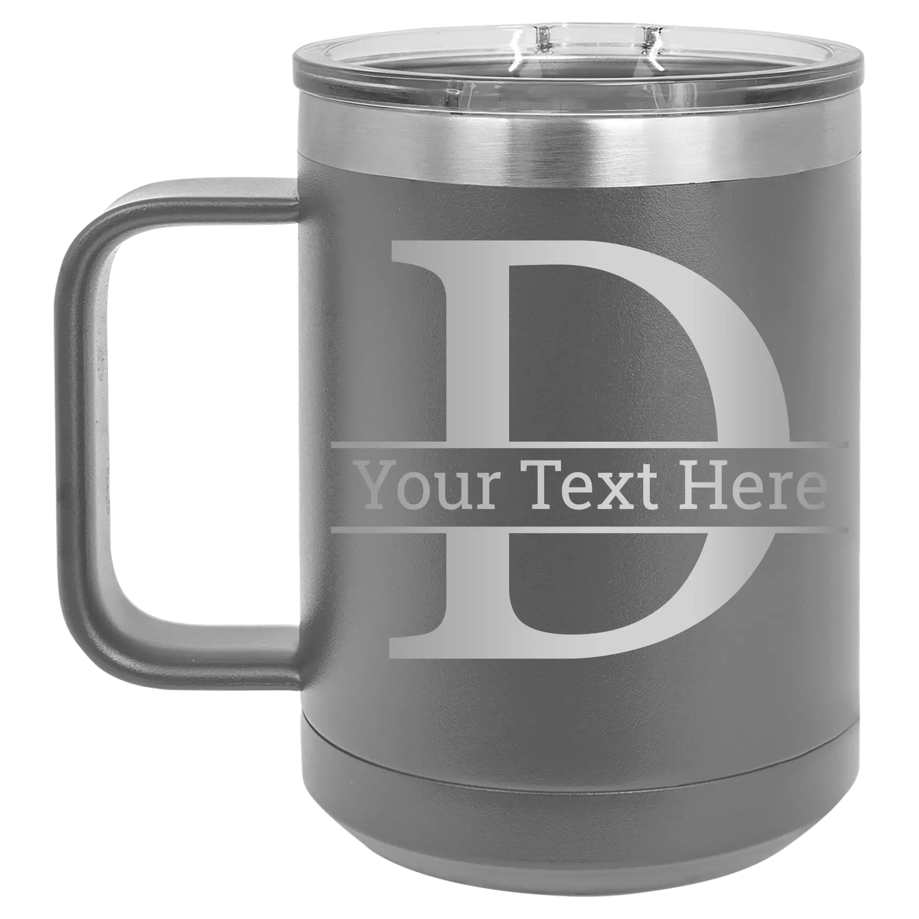 Personalized dark gray 15 oz vacuum insulated coffee mug with 'Monogram letter D' design