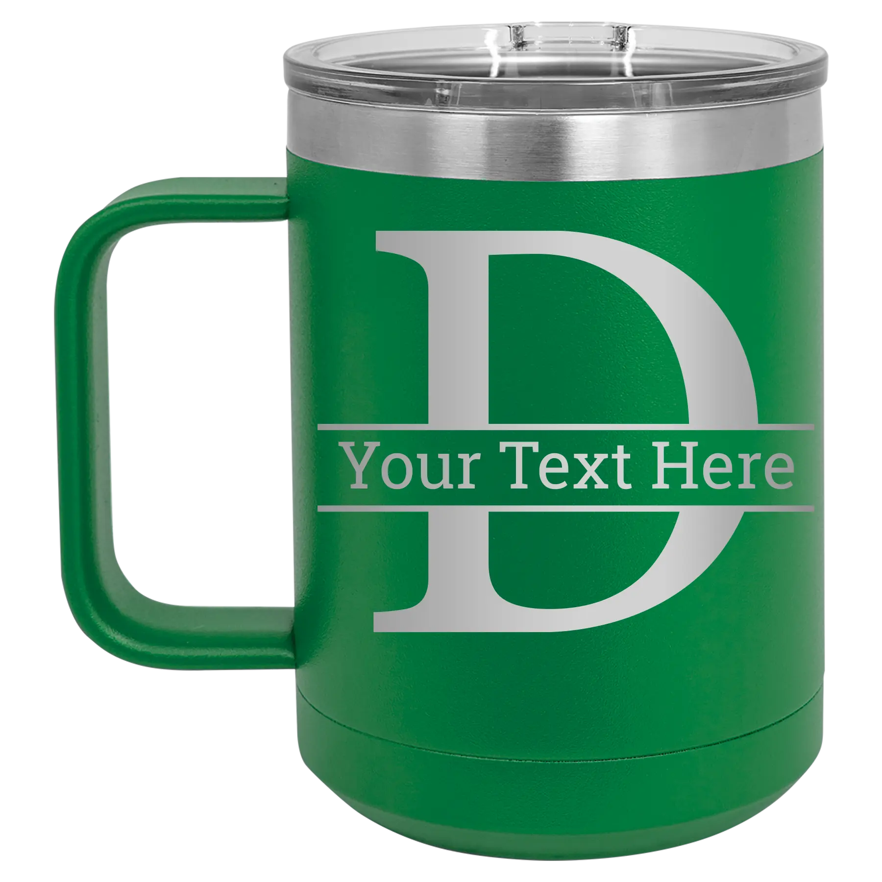 Personalized green 15 oz vacuum insulated coffee mug with 'Monogram letter D' design
