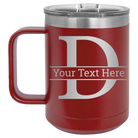 Personalized maroon 15 oz vacuum insulated coffee mug with 'Monogram letter D' design