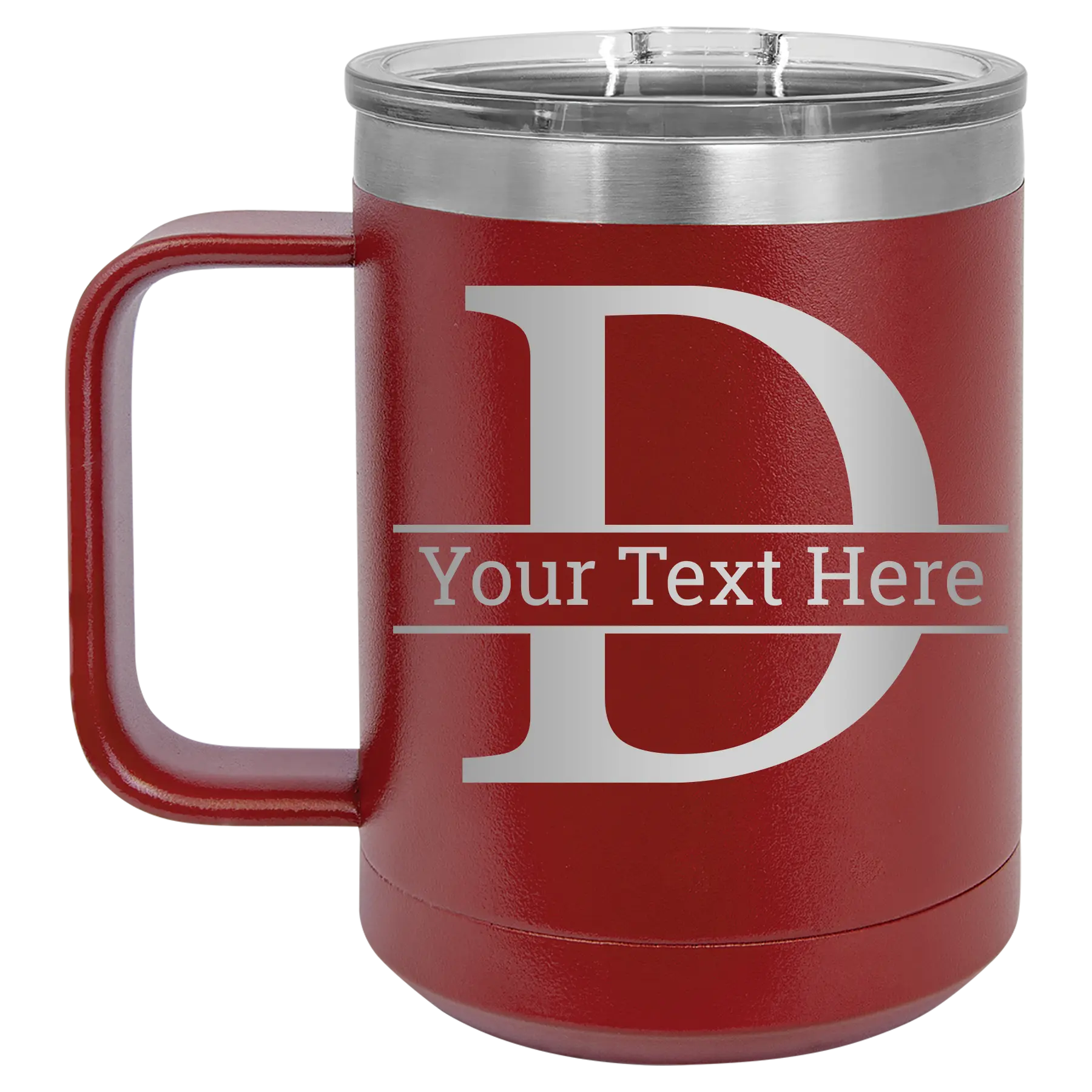 Personalized maroon 15 oz vacuum insulated coffee mug with 'Monogram letter D' design
