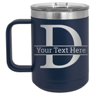 Personalized navy 15 oz vacuum insulated coffee mug with 'Monogram letter D' design