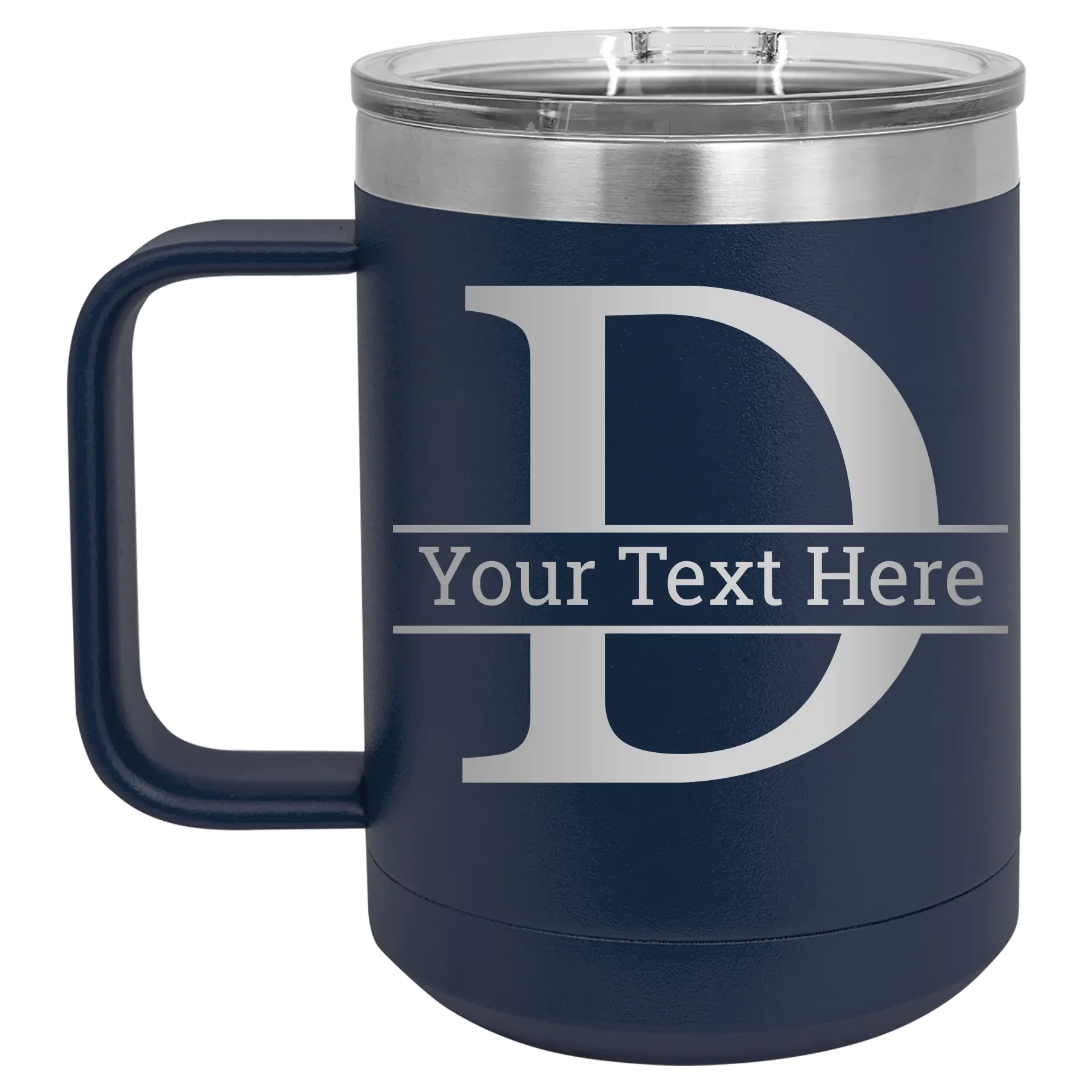 Personalized navy 15 oz vacuum insulated coffee mug with 'Monogram letter D' design