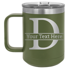 Personalized olive green 15 oz vacuum insulated coffee mug with 'Monogram letter D' design