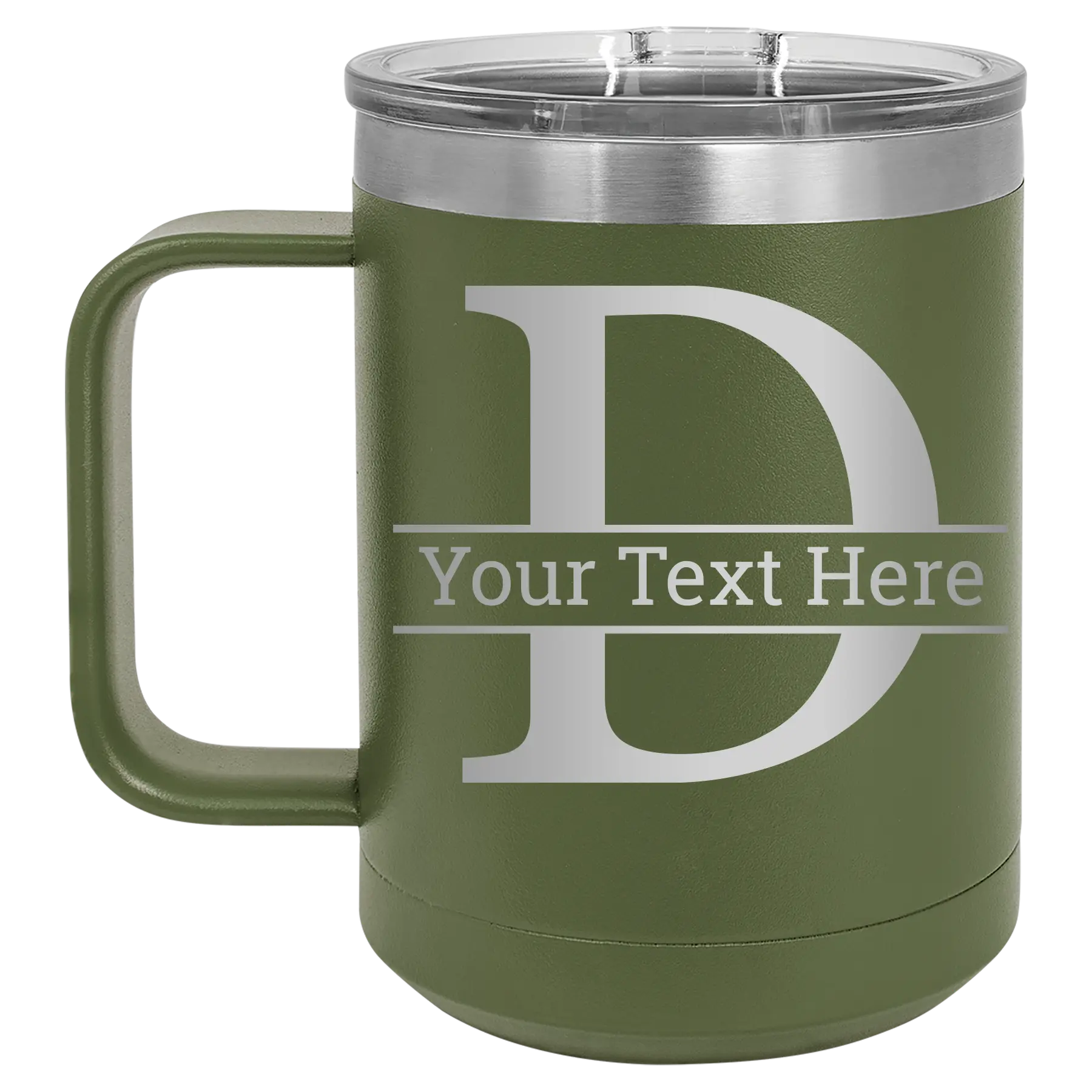 Personalized olive green 15 oz vacuum insulated coffee mug with 'Monogram letter D' design