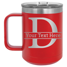 Personalized red 15 oz vacuum insulated coffee mug with 'Monogram letter D' design