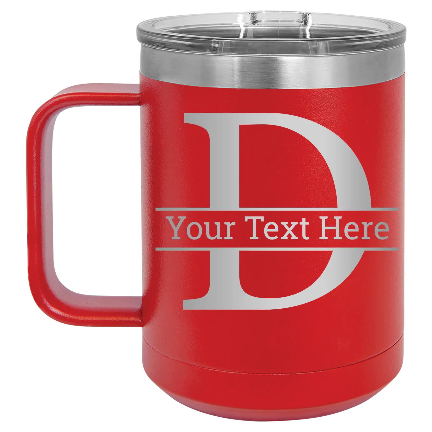 Personalized red 15 oz vacuum insulated coffee mug with 'Monogram letter D' design