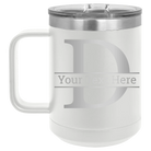 Personalized white 15 oz vacuum insulated coffee mug with 'Monogram letter D' design