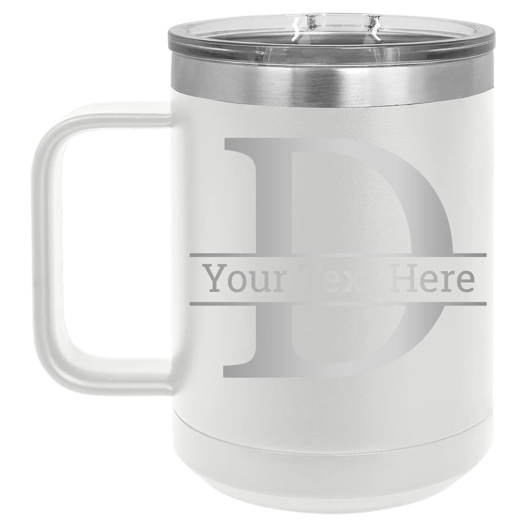 Personalized white 15 oz vacuum insulated coffee mug with 'Monogram letter D' design
