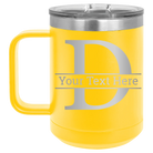 Personalized yellow 15 oz vacuum insulated coffee mug with 'Monogram letter D' design