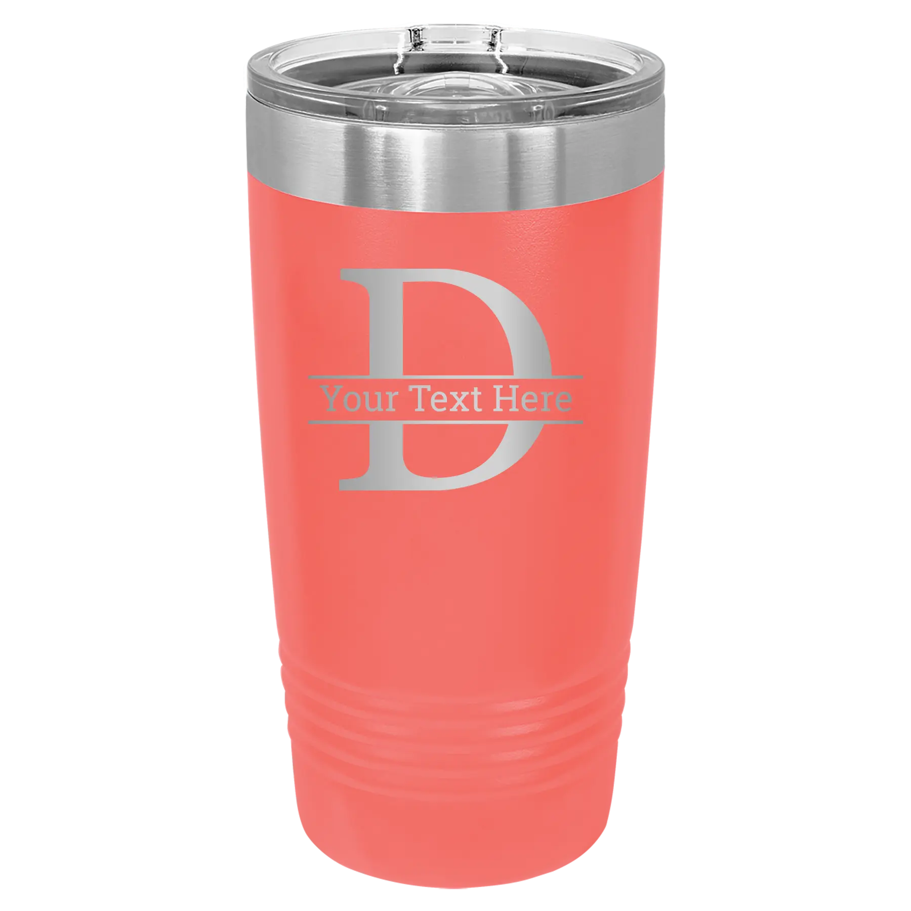 Personalized coral 20 oz vacuum insulated tumbler with 'Monogram letter D' design
