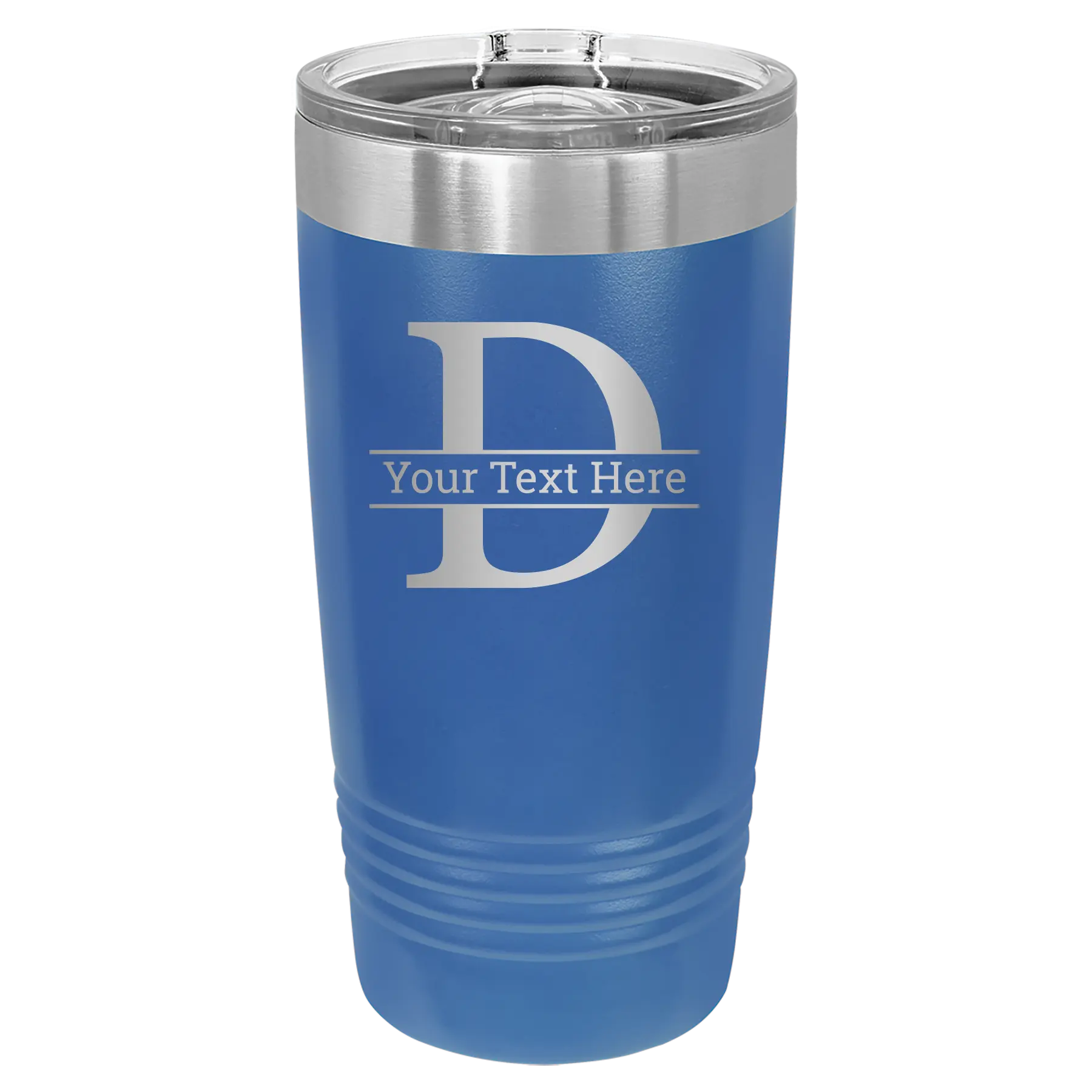Personalized royal blue 20 oz vacuum insulated tumbler with 'Monogram letter D' design