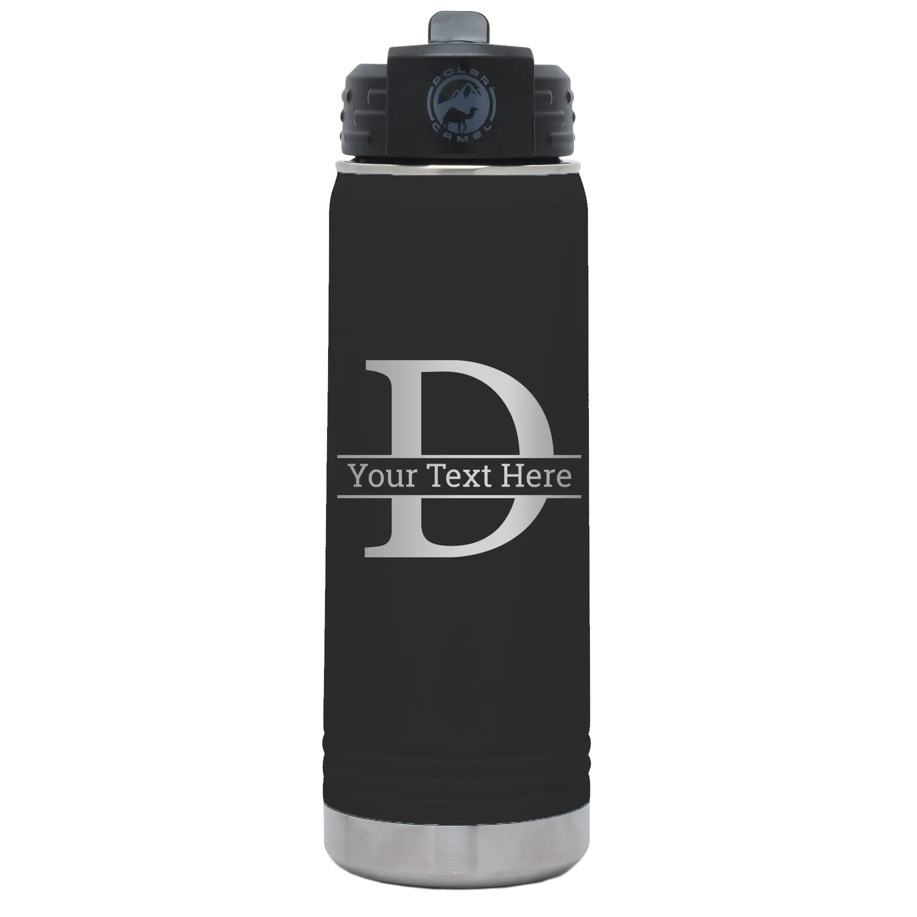 Personalized black 20 oz vacuum insulated water bottle with 'Monogram letter D' design