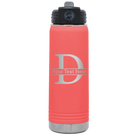 Personalized coral 20 oz vacuum insulated water bottle with 'Monogram letter D' design