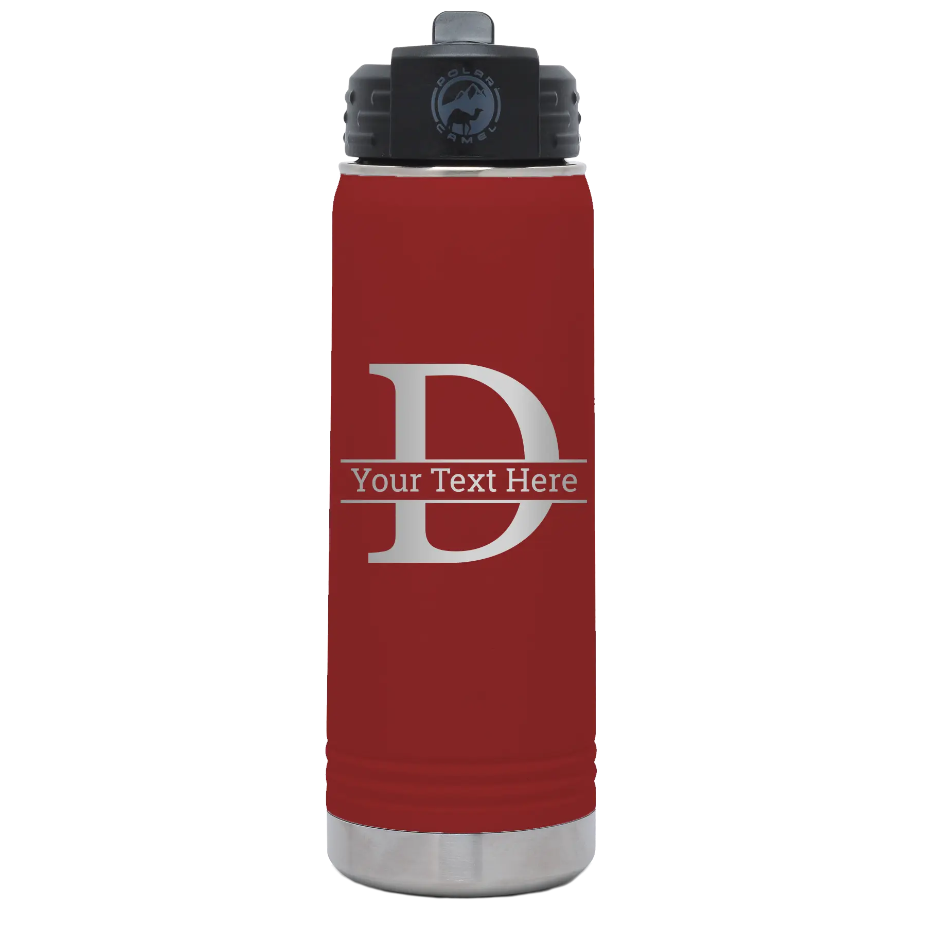 Personalized maroon 20 oz vacuum insulated water bottle with 'Monogram letter D' design
