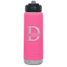 Personalized pink 20 oz vacuum insulated water bottle with 'Monogram letter D' design