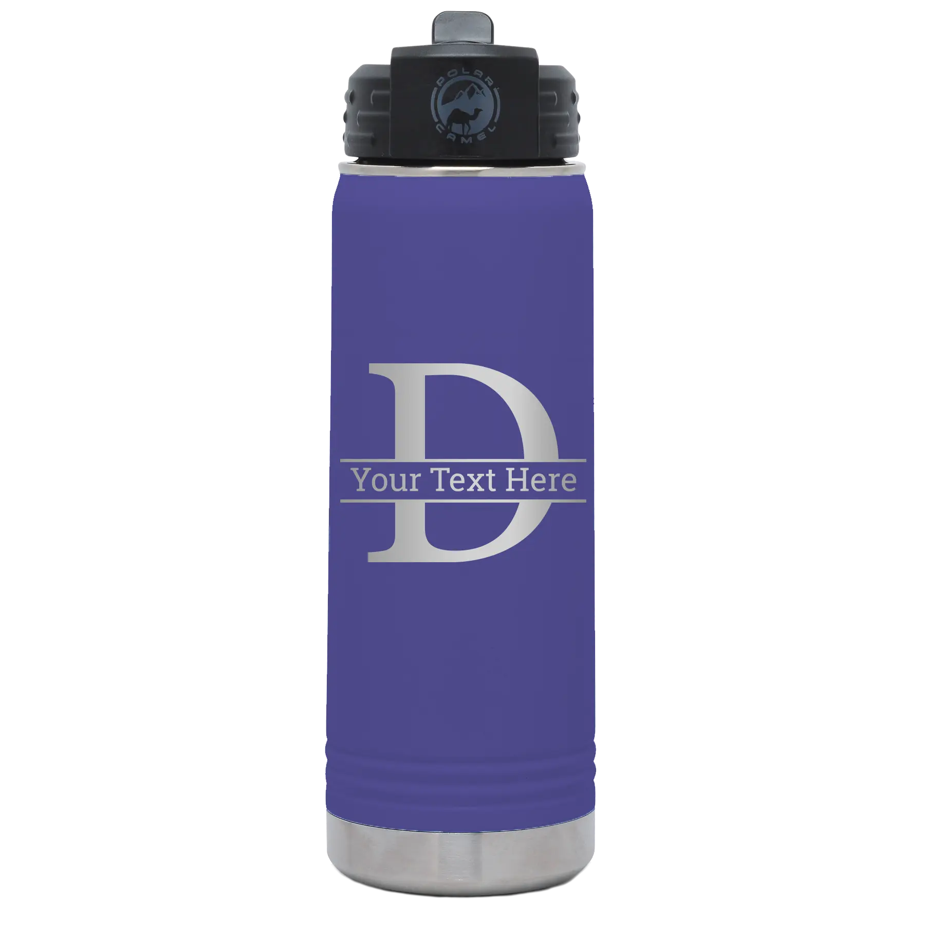 Personalized purple 20 oz vacuum insulated water bottle with 'Monogram letter D' design