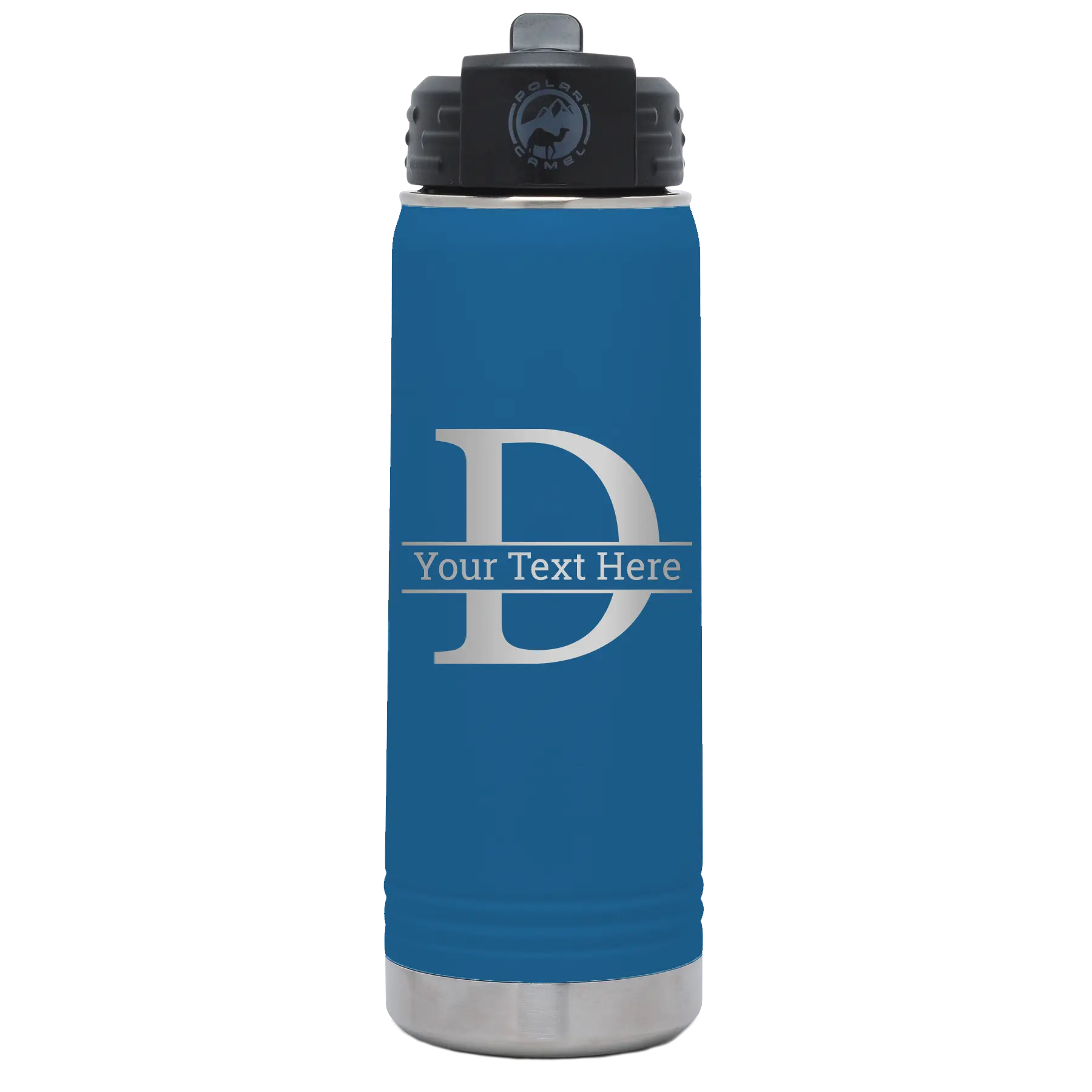 Personalized royal blue 20 oz vacuum insulated water bottle with 'Monogram letter D' design