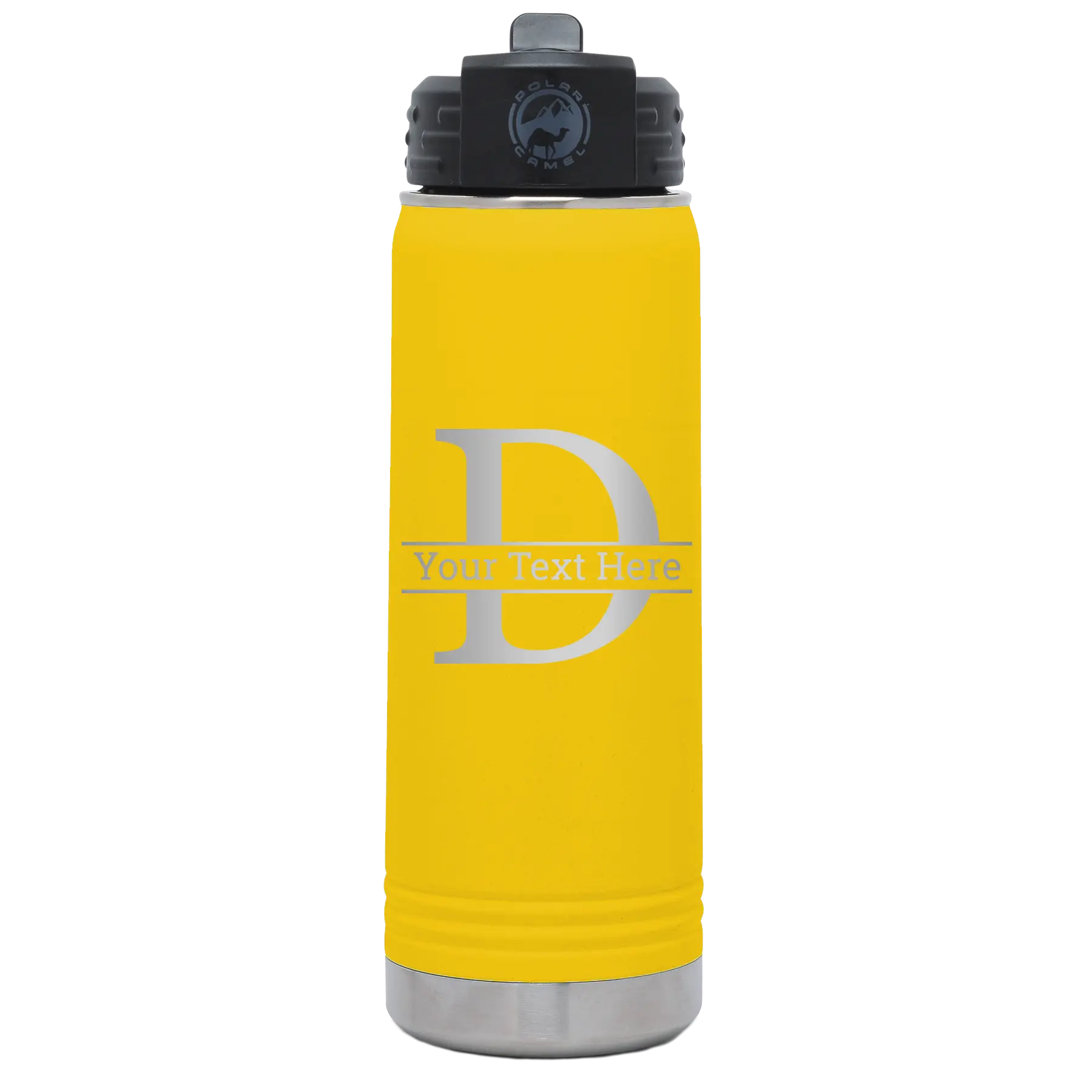 Personalized yellow 20 oz vacuum insulated water bottle with 'Monogram letter D' design