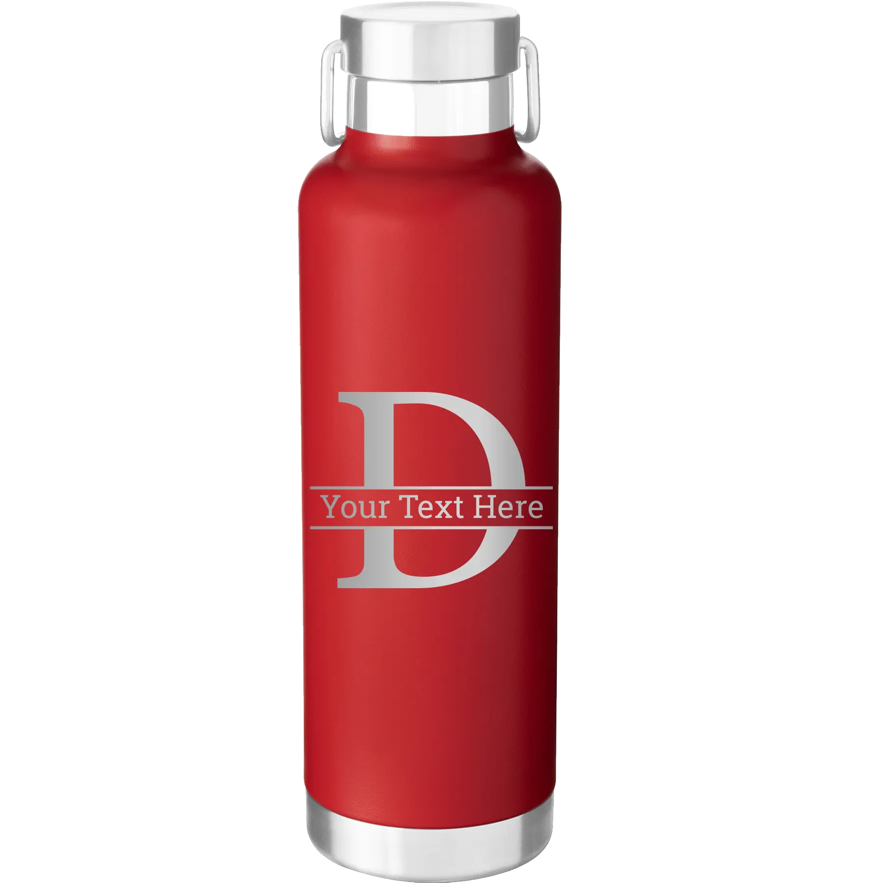 Personalized red 24 oz vacuum insulated water bottle with 'Monogram letter D' design